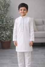 Premium White Cotton Kurta Trouser for Boys – Soft Embroidered Festive Kids Wear