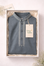 Tiny Tales Wear – Premium Steel Blue Embroidered Kurta Trouser for Boys | Elegant Kids Festive Outfit - Image 5