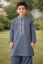 Tiny Tales Wear – Premium Steel Blue Embroidered Kurta Trouser for Boys | Elegant Kids Festive Outfit